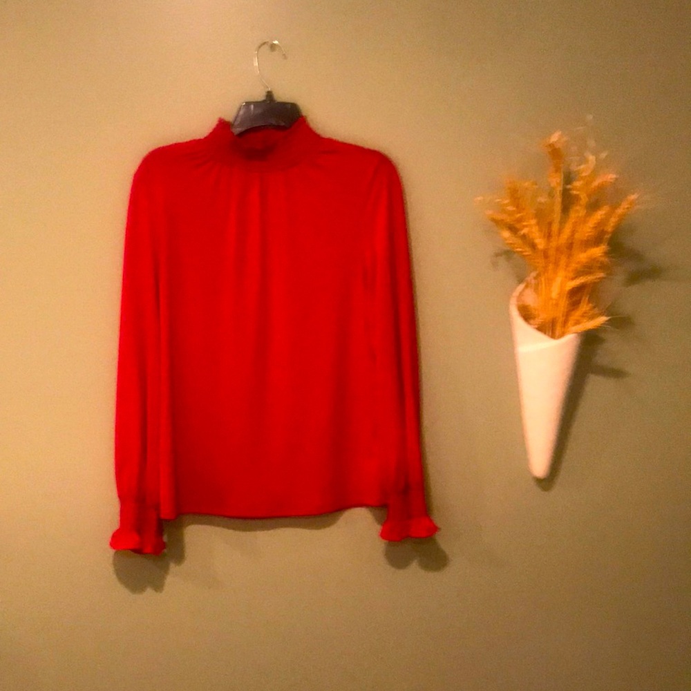 Adrianna Papell Red Long Sleeve Blouse With Smocked Neck And  Box Sleeves S NWOT
